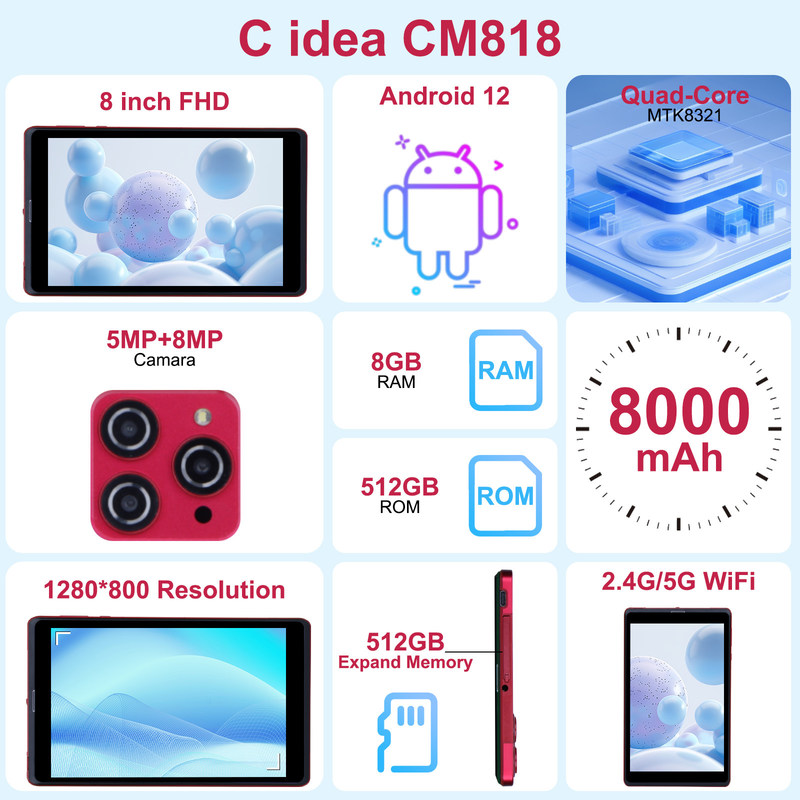 সি আইডিয়া ৮ ইঞ্চি অ্যান্ড্রয়েড ১২ ট্যাবলেট ৮ জিবি র্যাম ৫১২ জিবি রম ৮০০০ এমএএইচ ব্যাটারি ৫+৮ এমপি ক্যামেরা সিম সাপোর্ট সহ শিক্ষার্থীর জন্য সিএম ৮১৮-লাল