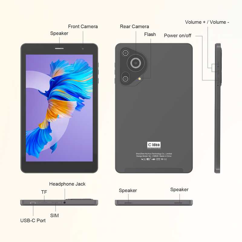 সি আইডিয়া যুব 8 ইঞ্চি ট্যাবলেট অ্যান্ড্রয়েড 15 ব্ল্যাক লাইট স্ক্রিন সহ, ওয়াইফাই, 8 জিবি + 512 জিবি, 800 * 1280 আইপিএস ইনসেল সিএম 828