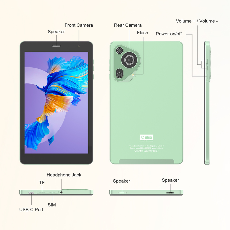 C idea Youth সবুজ ৮ ইঞ্চি ট্যাবলেট Android 15, tf কার্ড স্লট সহ, WiFi, 8GB + 512GB, 800*1280 IPS ইনসেল CM828